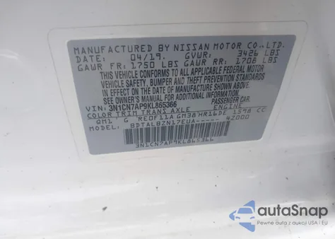 2019 Nissan Versa S/S Plus/Sv from USA, damaged, VIN 3N1CN7AP9KL865366